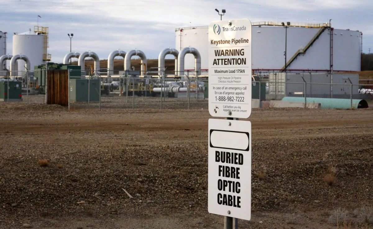 Keystone XL pipeline facilities are seen in Hardisty, Alta., in a file photo. The now-cancelled pipeline would have carried oilsands crude from Hardisty to the U.S. Gulf Coast. (The Canadian Press/Jeff McIntosh)