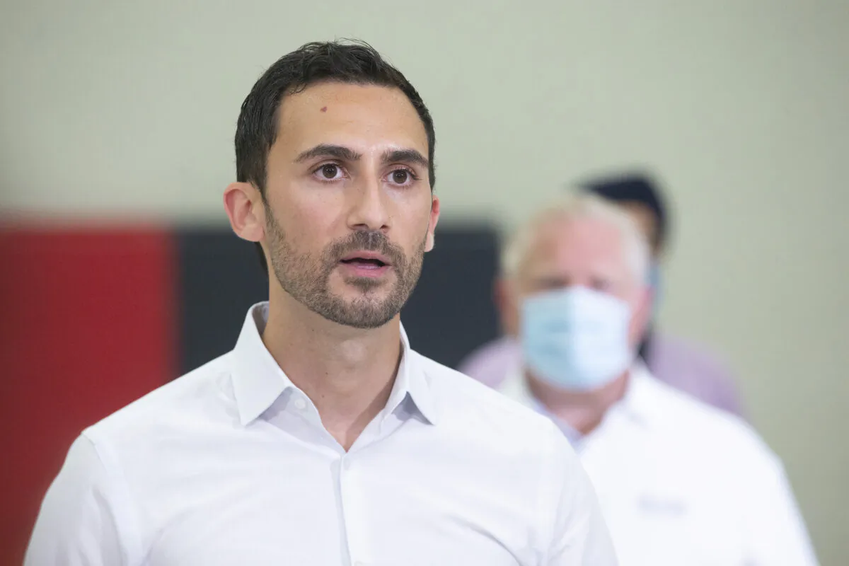 Ontario Education Minister Stephen Lecce speaks during press availability alongside Premier Doug Ford at a school in Brampton, Ont., on July 23, 2020. (Chris Young/The Canadian Press)