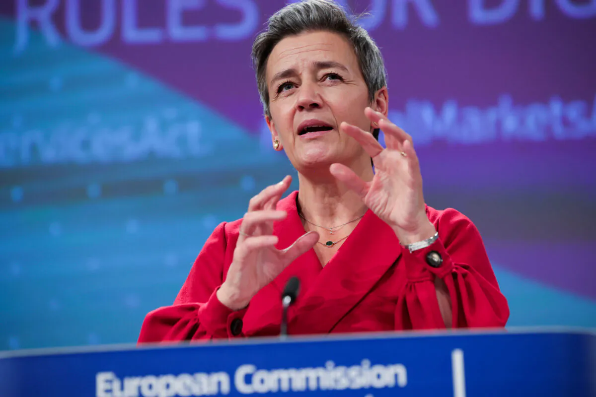 Margrethe Vestager, European Commissioner for A Europe Fit for the Digital Age, speaks at a news conference on the Digital Services and Digital Markets Acts at the European Commission headquarters in Brussels, Belgium on Dec. 15, 2020. (Olivier Matthys/Pool via Reuters File Photo)