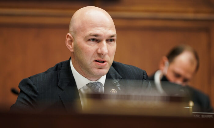 Rep. Anthony Gonzalez (R-Ohio) is seen during a House Financial Services Committee hearing in Washington, on Dec. 2, 2020. (Greg Nash/POOL/AFP via Getty Images)