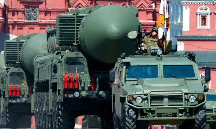 Russian RS-24 Yars ballistic missiles roll in Red Square during the Victory Day military parade in Moscow, Russia, on June 24, 2020. (Alexander Zemlianichenko/AP Photo)