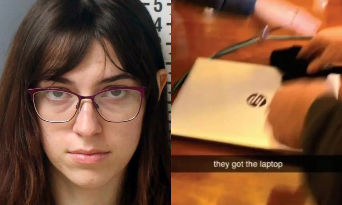 Riley June Williams in a file booking photograph, left, and a still image from video, believed to be taken by Riley June Williams, shows a laptop computer being handled in what the FBI believes is House Speaker Nancy Pelosi's office on Jan. 6, 2021. (Dauphin County Prison via AP; FBI)