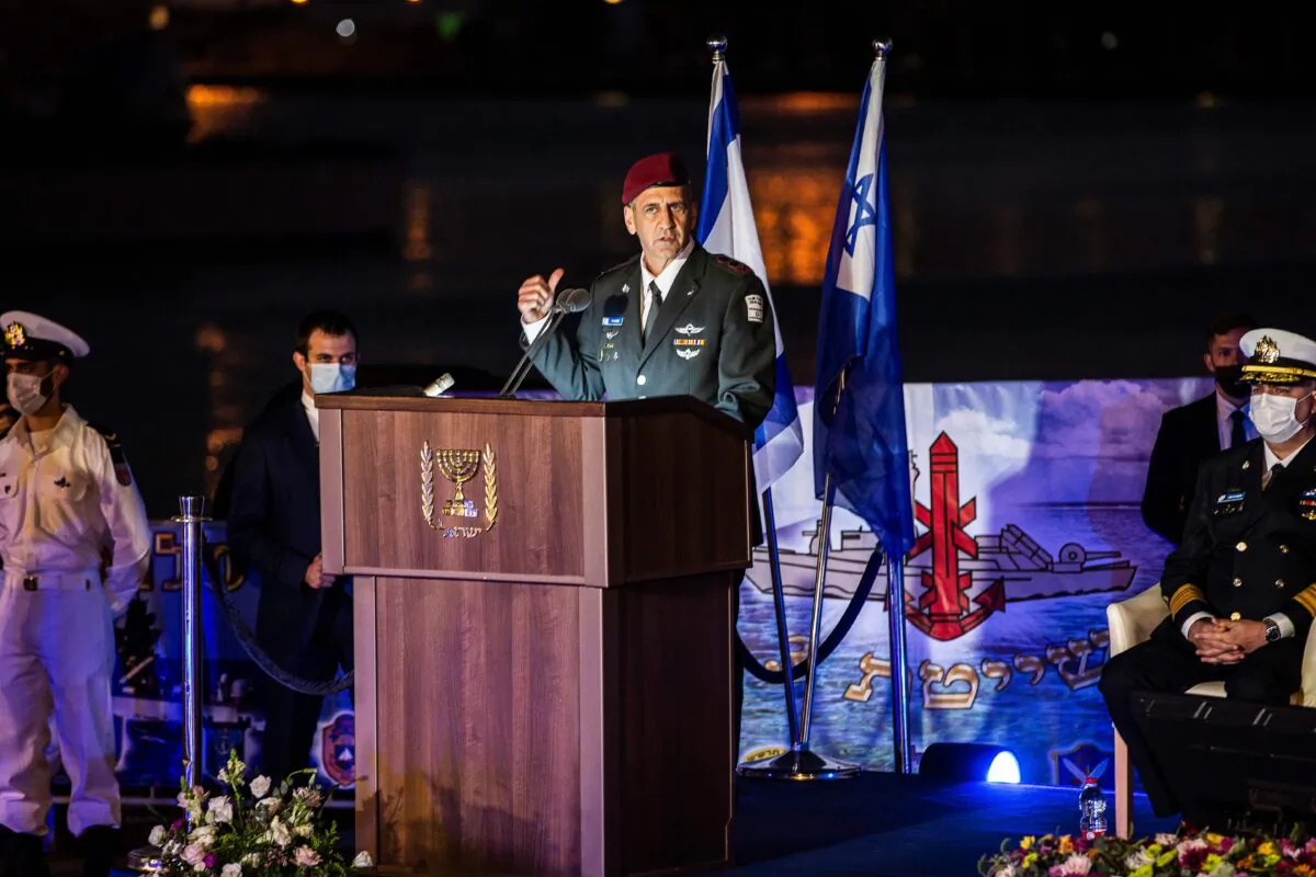 Israeli army chief of staff Aviv Kohavi delivers a speech during a ceremony marking the arrival of the first of four new German-built Saar 6 naval vessels (unseen) purchased by the navy, in the northern Haifa city naval base, on Dec. 2, 2020. (Heidi Levine/POOL/AFP via Getty Images)