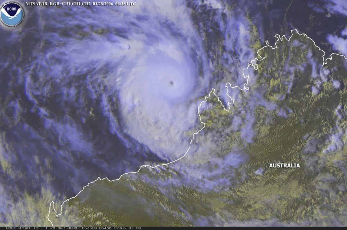 In this handout satellite image provided by NOAA, Tropical Cyclone Glenda is shown at 1:33 P.M EST on March 28, 2006, approaching the west coast of Australia. (NOAA via Getty Images)