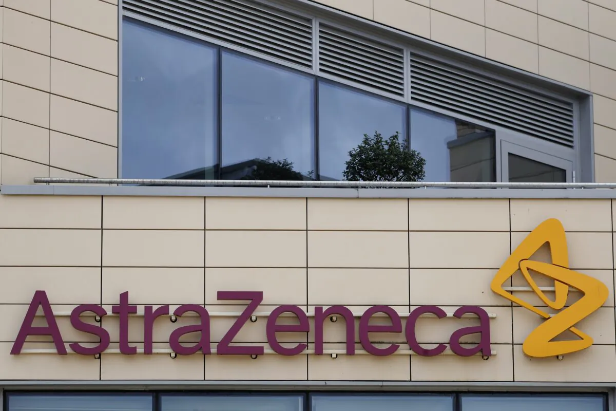 A general view of AstraZeneca offices and the corporate logo in Cambridge, England, on July 18, 2020. (Alastair Grant/AP Photo)