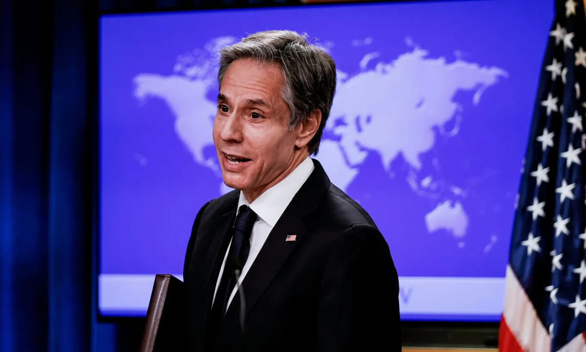 U.S. Secretary of State Antony Blinken concludes his first press briefing at the State Department in Washington on Jan. 27, 2021. (Carlos Barrisa/Pool/AFP via Getty Images)