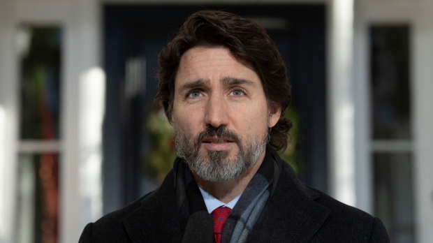Prime Minister Justin Trudeau during a news conference outside Rideau Cottage in Ottawa on Dec. 18, 2020. (The Canadian Press/Adrian Wyld)