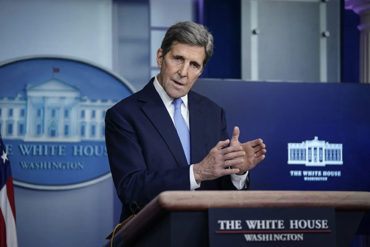 Special Presidential Envoy for Climate John Kerry speaks during a press briefing at the White House in Washington on Jan. 27, 2021. (Drew Angerer/Getty Images)