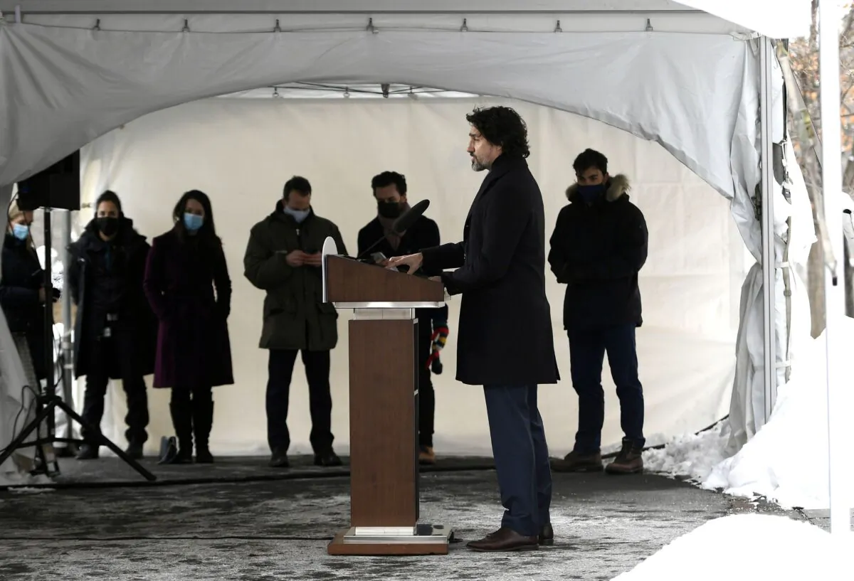 Prime Minister Justin Trudeau speaks during a news conference on the COVID-19 pandemic outside his residence at Rideau Cottage in Ottawa Jan. 26, 2021. (The Canadian Press/Justin Tang)