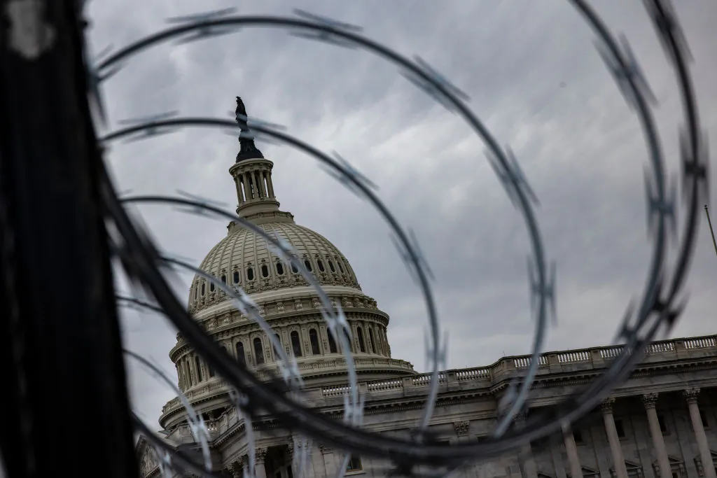 Razor wire installed on the fence surrounding the grounds of the Capitol in Washington on Jan. 15, 2021. (Samuel Corum/Getty Images)