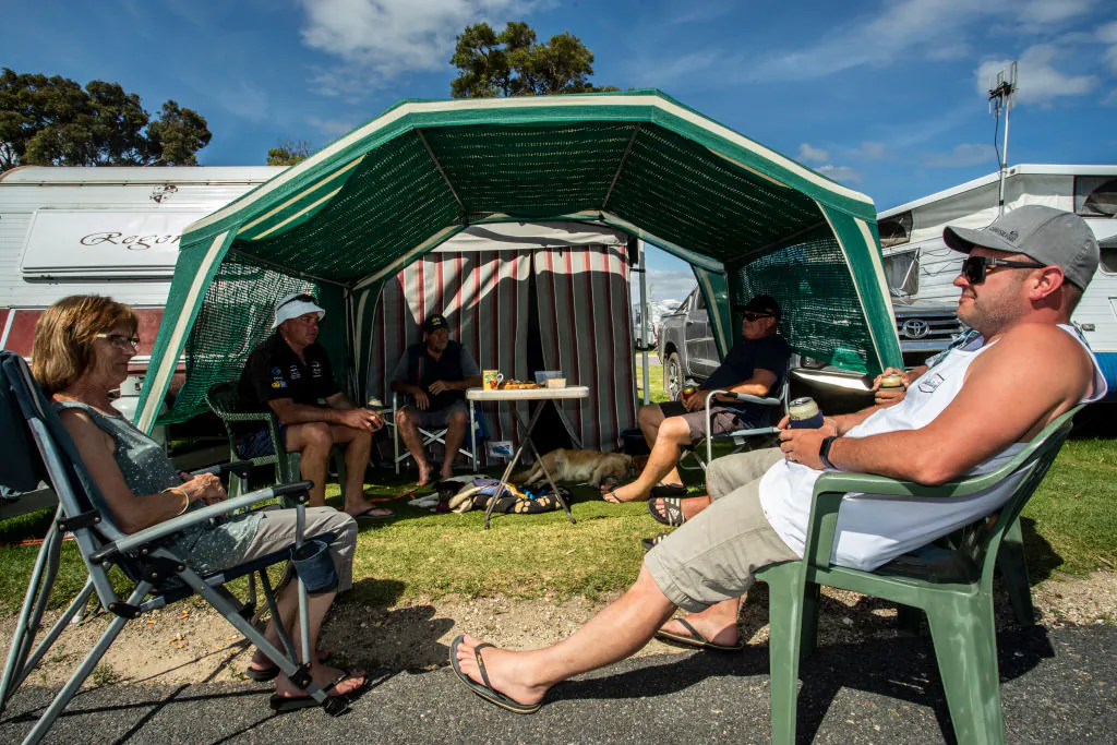 People gather for a holiday break at the caravan park on December 29, 2020 in Mallacoota, Australia. (Diego Fedele/Getty Images)