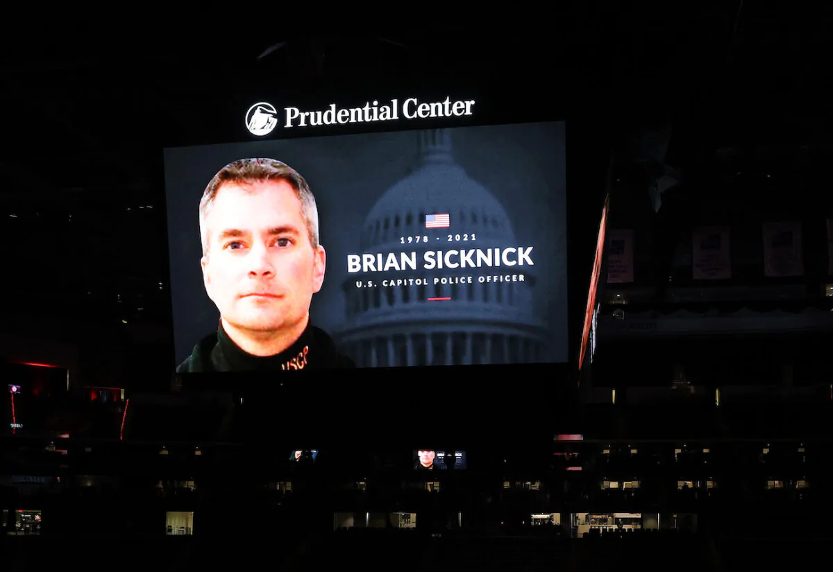The NHL's New Jersey Devils honor the late Capitol Police officer and New Jersey native Brian Sicknick at Prudential Center in Newark, N.J., on Jan. 14, 2021. (Elsa/Getty Images)