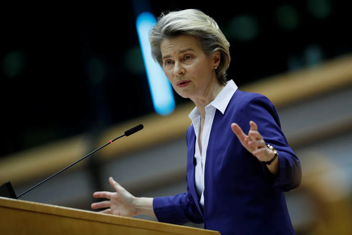 European Commission President Ursula Von Der Leyen, on a plenary session at the European Parliament in Brussels, Belgium, Jan. 20, 2021. (Francisco Seco/Pool via Reuters)
