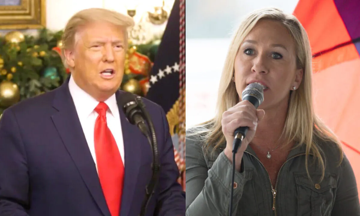 L: Then President Donald Trump in a video address on Dec. 23, 2020. R: Then-Georgia Republican House candidate Marjorie Taylor Greene at a press conference in Dallas, Georgia, on Oct. 15, 2020. (White House video screenshot; Dustin Chambers/Getty Images)