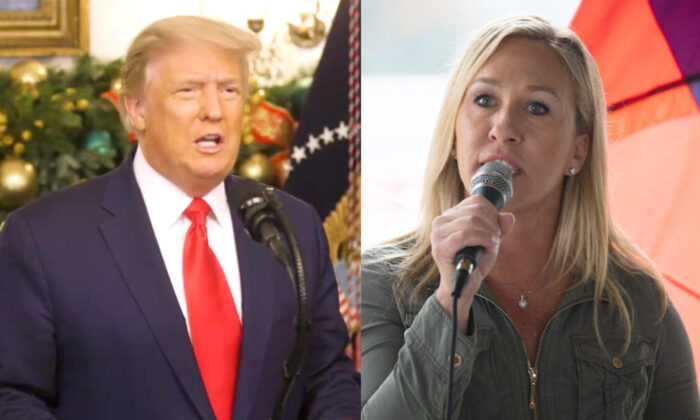 L: Then President Donald Trump in a video address on Dec. 23, 2020. R: Then-Georgia Republican House candidate Marjorie Taylor Greene at a press conference in Dallas, Georgia, on Oct. 15, 2020. (White House video screenshot; Dustin Chambers/Getty Images)
