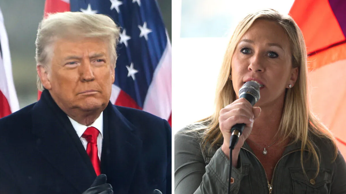 (L) Then-President Donald Trump greets the crowd at the "Stop The Steal" Rally in Washington, on Jan. 6, 2021. (R) Then-Georgia Republican House candidate Marjorie Taylor Greene at a press conference in Dallas, Ga., on Oct. 15, 2020. (Tasos Katopodis, Dustin Chambers/Getty Images)