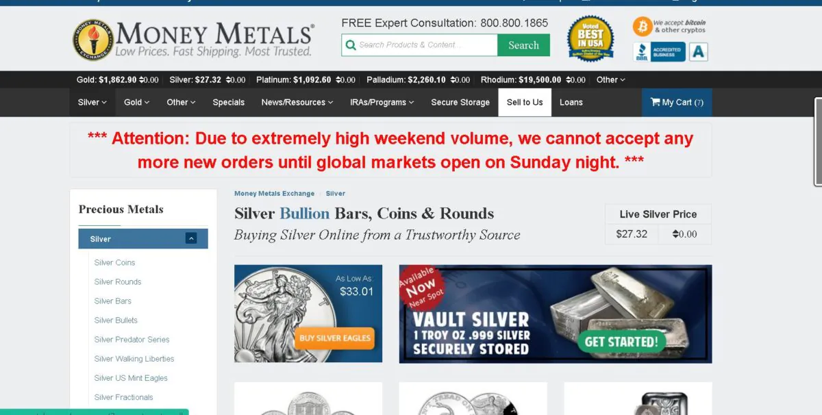 A screenshot taken of the Moneymetals.com website on Jan. 31, 2021. (Screenshot/The Epoch Times)