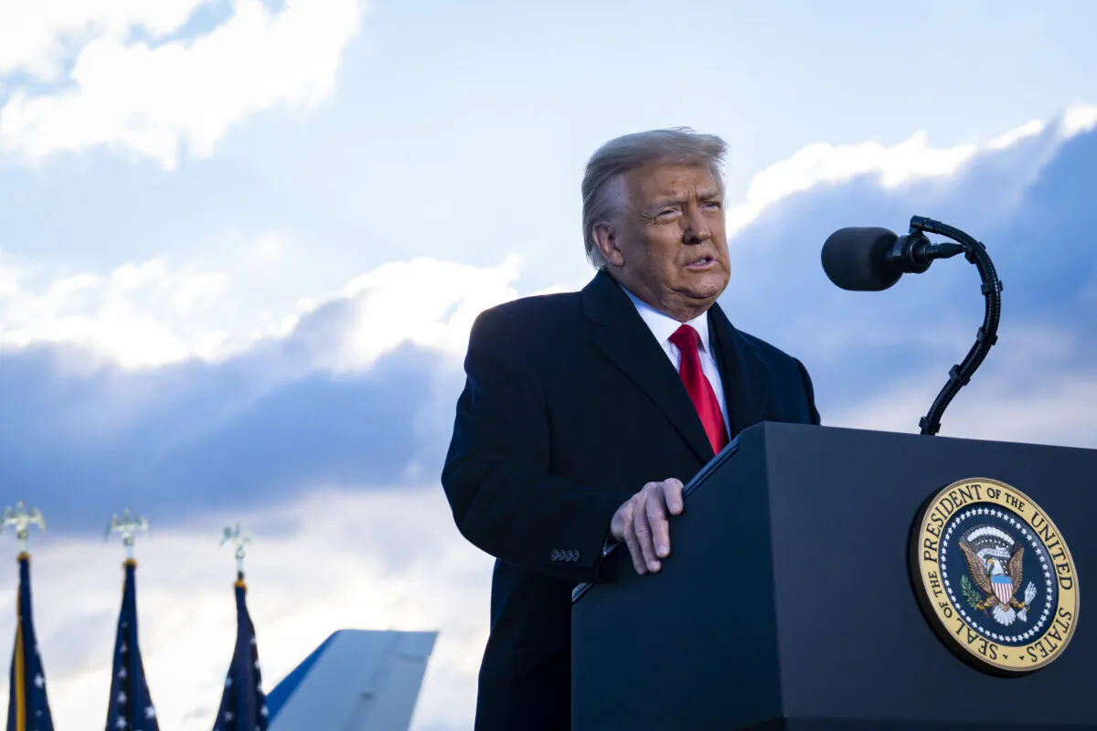 Then-President Donald Trump speaks to supporters at Joint Base Andrews before boarding Air Force One for his last time as president in Joint Base Andrews, Maryland, on Jan. 20, 2021. (Pete Marovich/Pool/Getty Images)