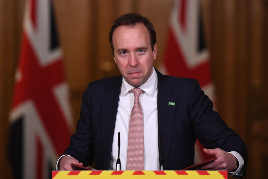 British Health Secretary Matt Hancock speaks during a press briefing at Downing Street in London, on Feb. 1, 2021. (Chris J Ratcliffe/Getty Images)