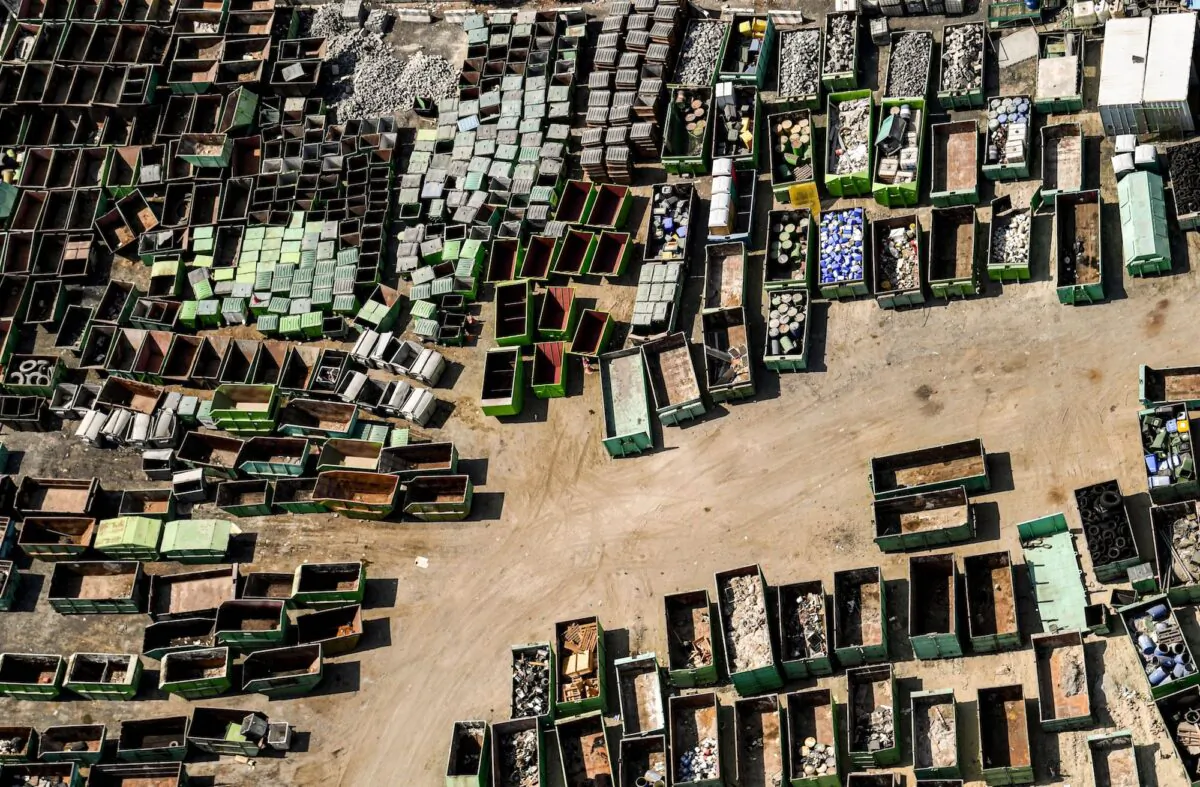 An aerial view of aluminium production materials containers stored at al-Quoz Industrial Area, in Dubai, United Arab Emirates, on July 8, 2020. (Karim Sahib/AFP/Getty Images)