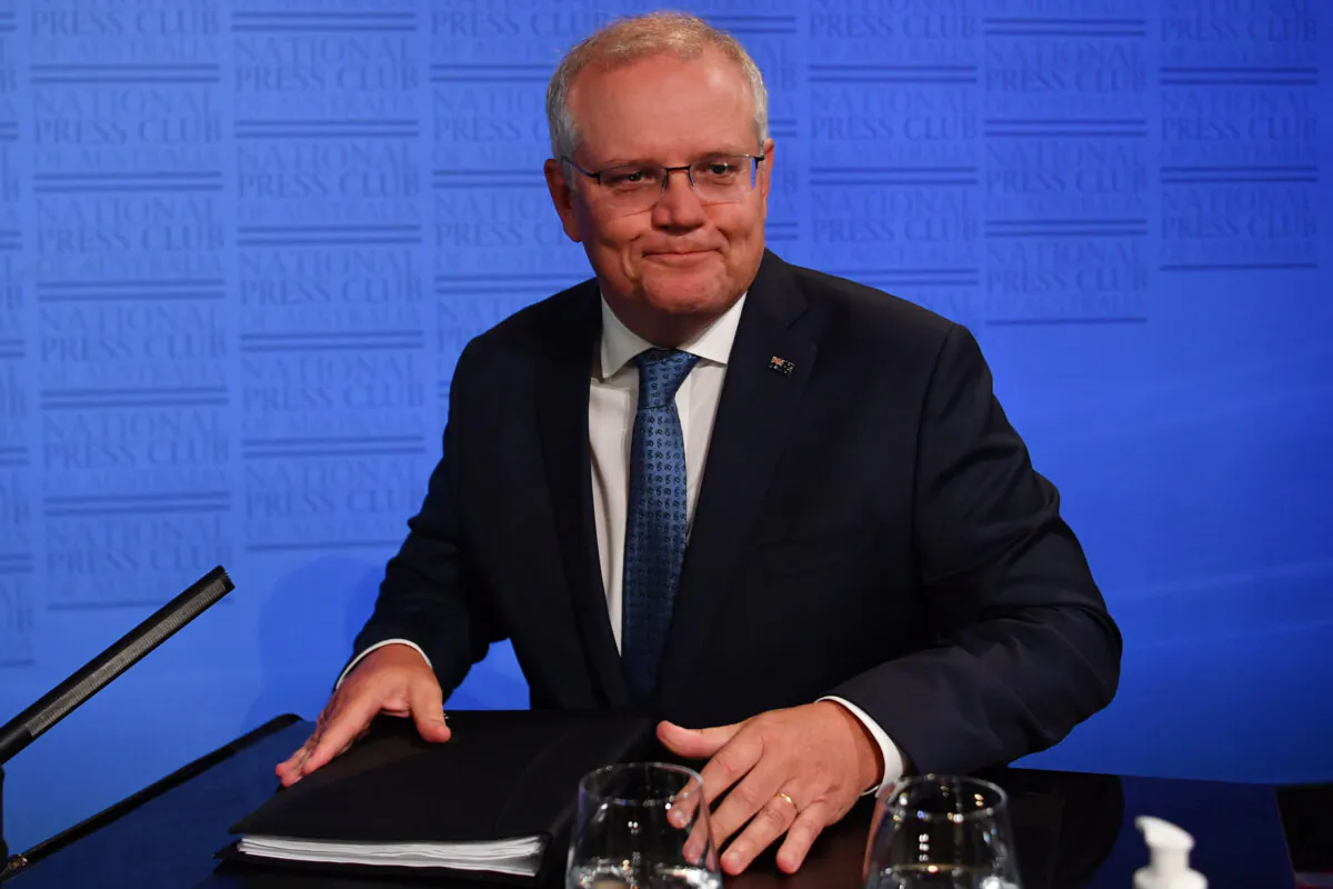 Prime Minister Scott Morrison at the National Press Club in Canberra, Australia on Feb. 1, 2021. (Sam Mooy/Getty Images)