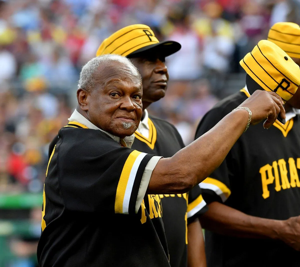 Former Pittsburgh Pirates player Grant Jackson acknowledges the crowd during the 40th anniversary celebration of the 1979 World Series team at PNC Park in Pittsburgh, on July 20, 2019. (Matt Freed/Pittsburgh Post-Gazette via AP)