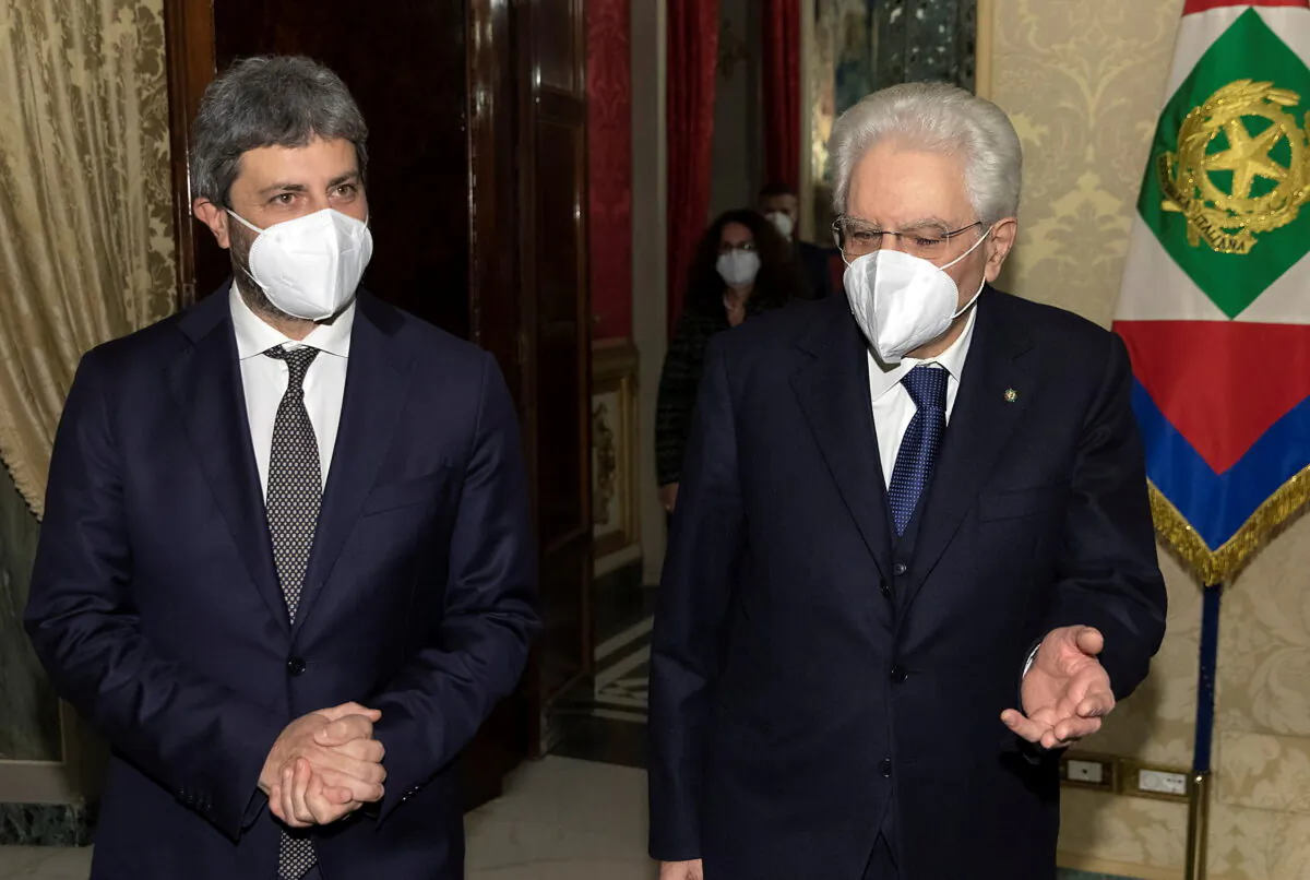 Italian President Sergio Mattarella meets with Roberto Fico, head of the lower house of parliament, in Rome, Italy on Feb. 2, 2021. (Paolo Giandotti/Presidential Palace/Handout via Reuters)