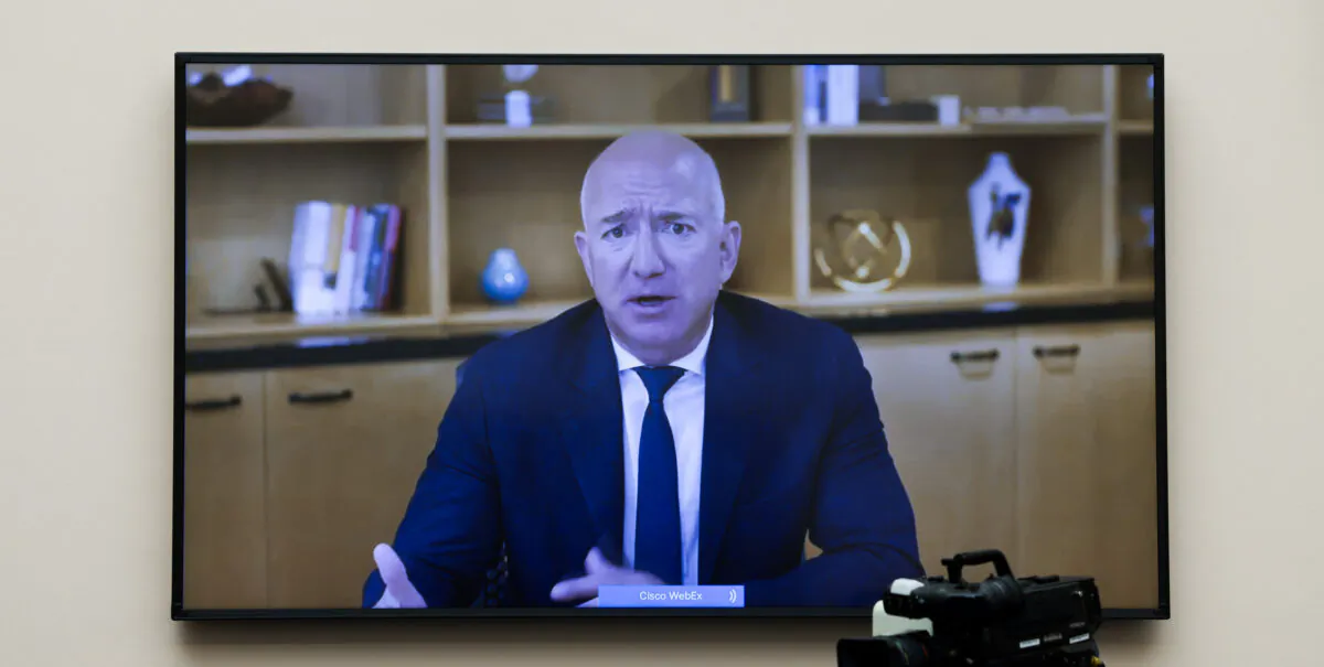 Amazon CEO Jeff Bezos testifies via video conference during the House Judiciary Subcommittee on Antitrust, Commercial and Administrative Law hearing on Online Platforms and Market Power in the Rayburn House office Building on Capitol Hill in Washington, on July 29, 2020. (Graeme Jennings-Pool/Getty Images)