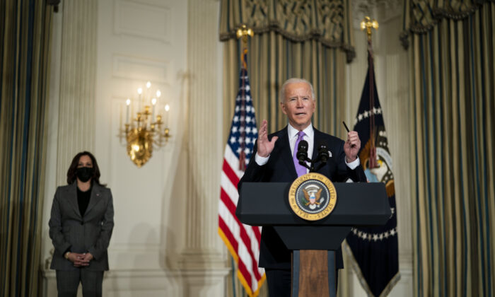 President Joe Biden speaks about his racial equity agenda in the State Dining Room of the White House on Jan. 26, 2021. (Doug Mills-Pool/Getty Images)
