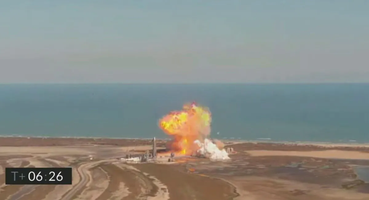 The SpaceX Starship SN9 prototype rocket explodes after descending from a test flight in a still image from video in Boca Chica, Texas, on Feb. 2, 2021. (SpaceX/Social Media via Reuters)