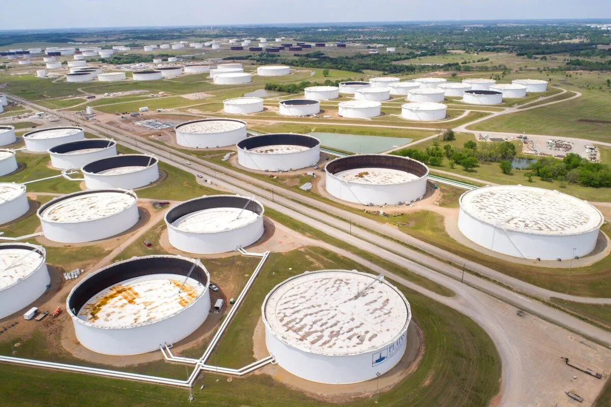 Crude oil storage tanks are seen in an aerial photograph at the Cushing oil hub in Cushing, Okla., on April 21, 2020. (Drone Base/Reuters)
