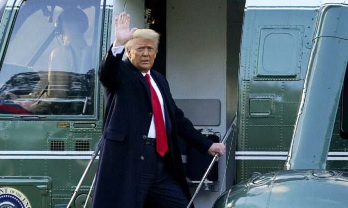 President Donald Trump waves as he boards Marine One on the South Lawn of the White House on Jan. 20, 2021. (Alex Brandon/AP Photo)