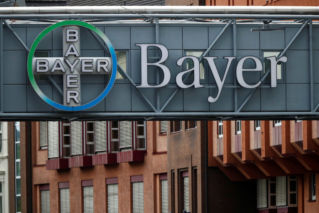 A bridge is decorated with the logo of a Bayer AG, a German pharmaceutical and chemical maker in Wuppertal, Germany, on Aug. 9, 2019. (Wolfgang Rattay/Reuters)