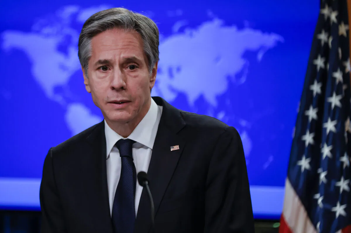 Secretary of State Antony Blinken addresses reporters during his first press briefing at the State Department in Washington on Jan. 27, 2021. (Carlos Barria/POOL/AFP via Getty Images)