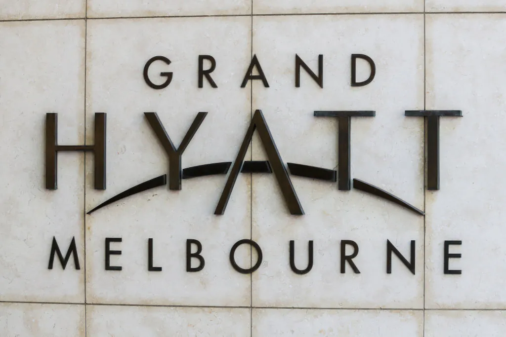 A general view of the entrance and Signage of the Grand Hyatt hotel, one of the three hotels being used for quarantine of players and accompanying staff competing in the Australian Open on January 14, 2021 in Melbourne, Australia.(Asanka Ratnayake/Getty Images)