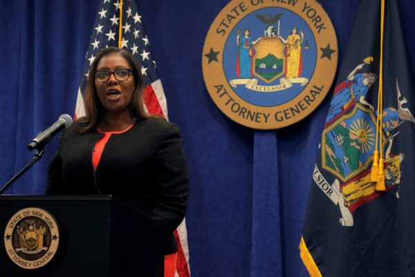 New York State Attorney General, Letitia James, speaks during a news conference, to announce a suit to dissolve the National Rifle Association, In New York