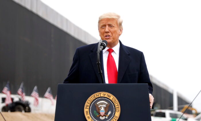 Former President Donald Trump speaks during a visit at the U.S.-Mexico border wall, in Alamo, Texas, U.S., Jan. 12, 2021. (Reuters/Carlos Barria/File Photo)