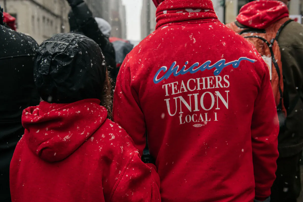 Chicago public school teachers marched through the streets near City Hall during a strike in Chicago, Ill., on Oct. 31, 2019. (Scott Heins/Getty Images)