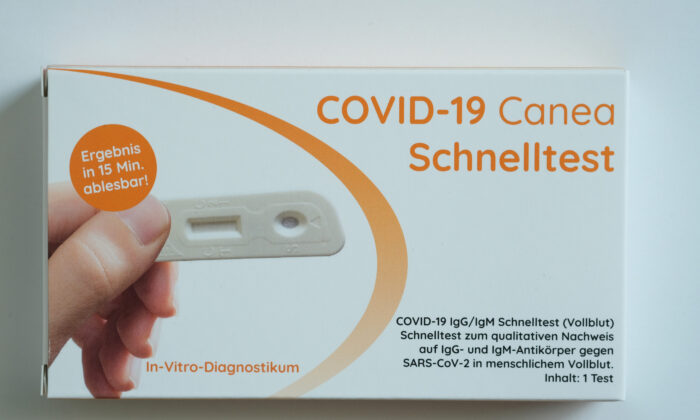 A home COVID-19 testing kit made in China is pictured in Berlin on April 17, 2020. (Sean Gallup/Getty Images)