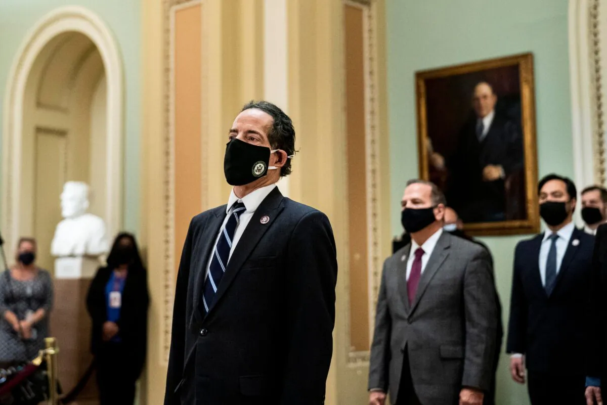 Rep. Jamie Raskin (D-Md.) leads other House impeachment managers in delivering to the Senate an article of impeachment against former President Donald Trump, in Washington, on Jan. 25, 2021. (Melina Mara/Pool/AFP via Getty Images)