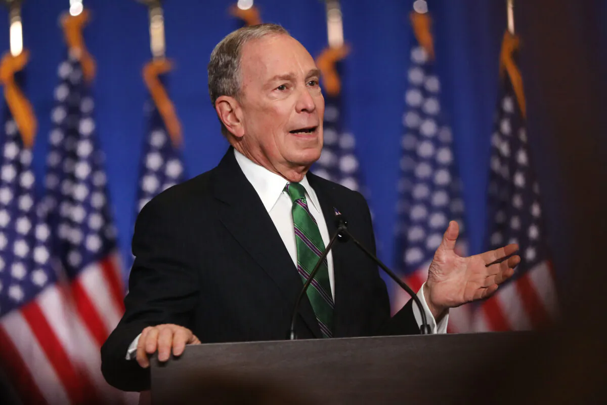 : Former Democratic presidential candidate Mike Bloomberg addresses his staff and the media after announcing that he will be ending his campaign, in New York City on March 4, 2020. (Spencer Platt/Getty Images)