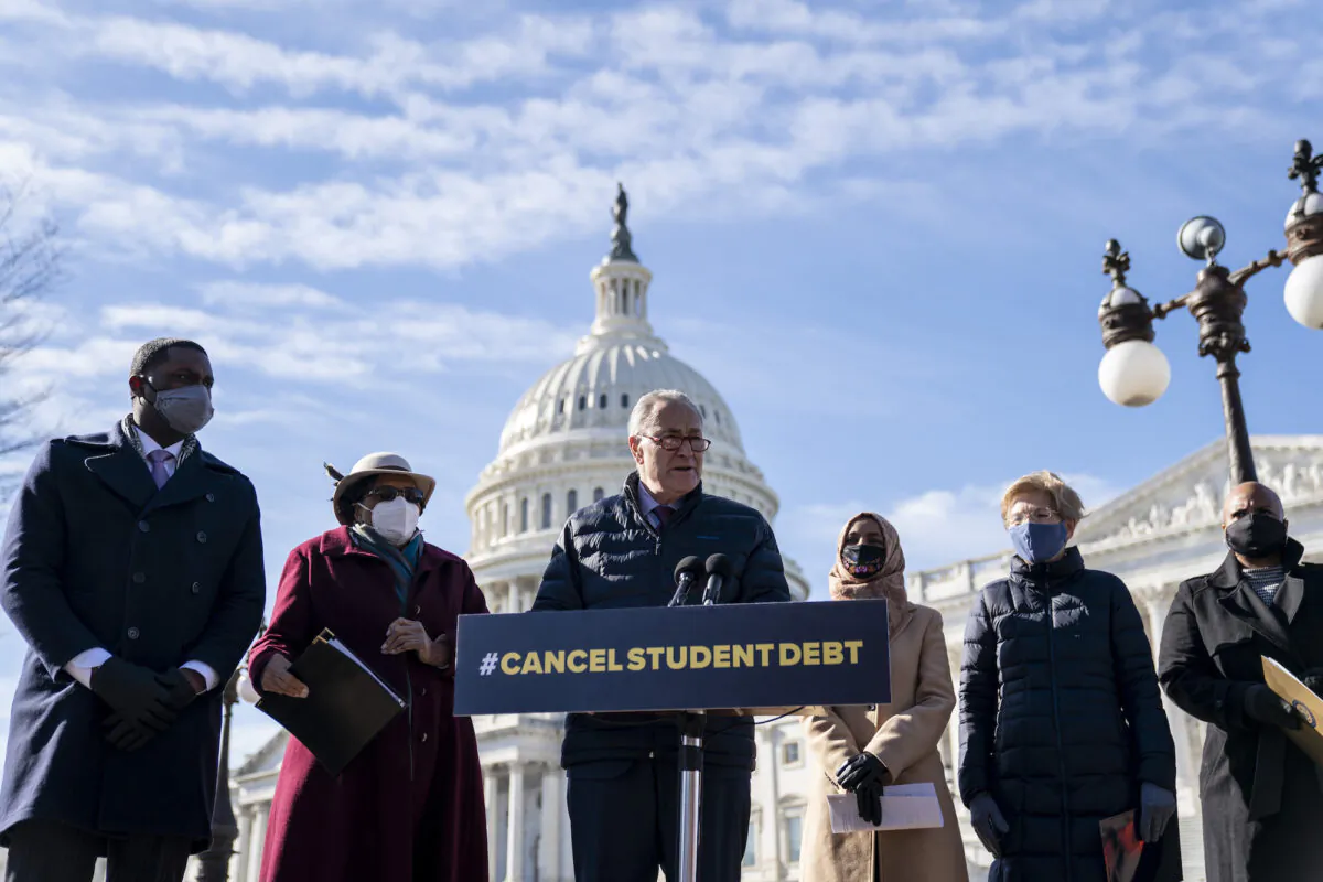 Senate Majority Leader Chuck Schumer (D-N.Y.) speaks during a press conference about student debt outside the U.S. Capitol in Washington, D.C., on Feb. 4, 2021. (Drew Angerer/Getty Images)