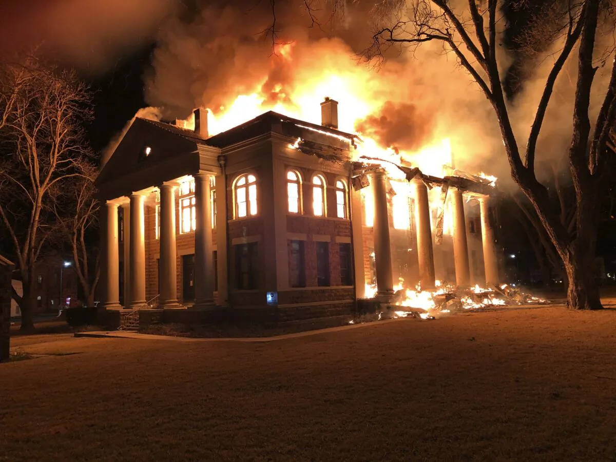 A fire at the Mason County Courthouse in Texas on Feb. 4, 2021. (Mason County Judge Jerry Bearden via AP)