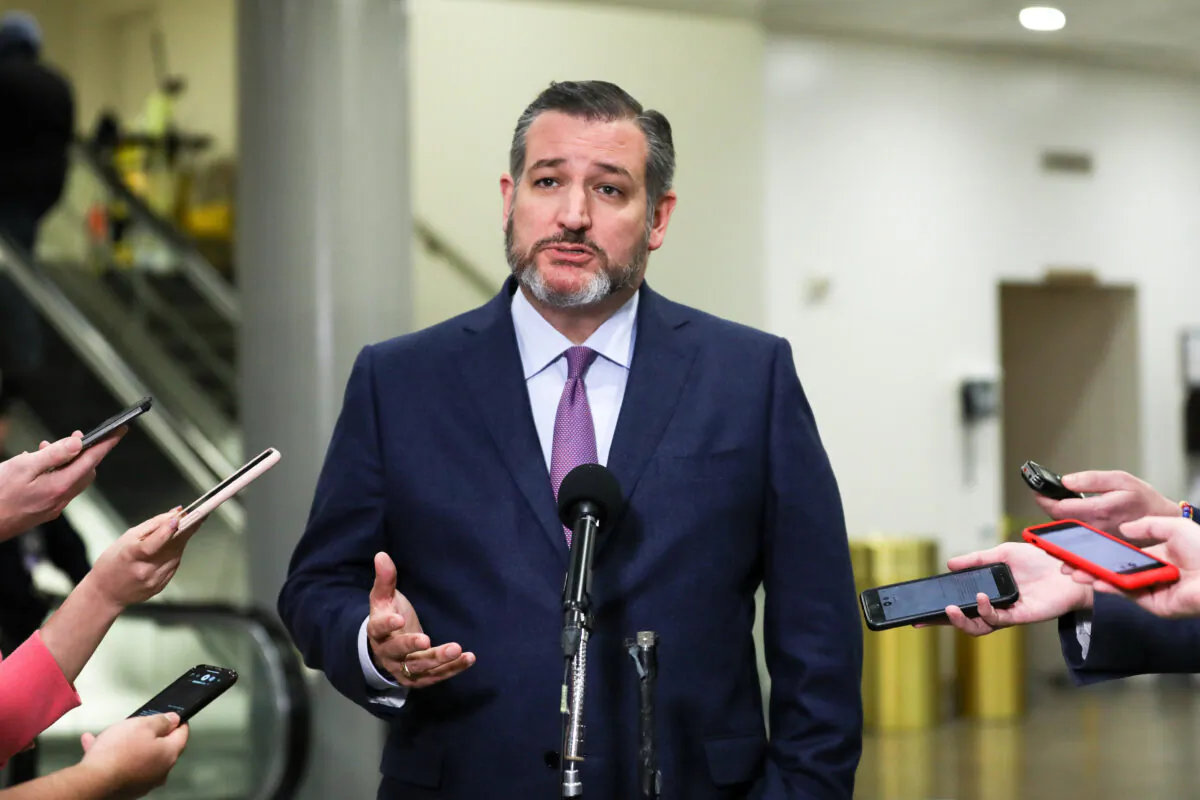 Sen. Ted Cruz (R-Texas) speaks to media during a break in impeachment proceedings, in the Senate subway area in the Capitol in Washington on Jan. 28, 2020. (Charlotte Cuthbertson/The Epoch Times)