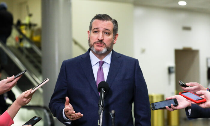 Sen. Ted Cruz (R-Texas) speaks to media during a break in impeachment proceedings, in the Senate subway area in the Capitol in Washington on Jan. 28, 2020. (Charlotte Cuthbertson/The Epoch Times)