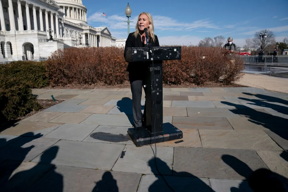 Rep. Marjorie Greene (R-Ga.) speaks during a press conference on Capitol Hill, Washington on Feb. 5, 2021. (Alex Edelman/AFP via Getty Images)