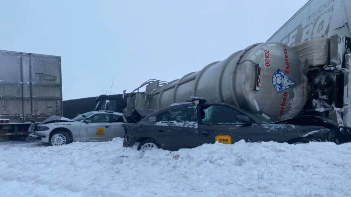 Whiteout conditions on Interstate-80 west of Newton, Iowa, lead to 40 vehicle collision on Feb. 4, 2021. (Courtesy of Iowa State Patrol)
