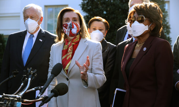 House Speaker Nancy Pelosi (D-Calif.) speaks to reporters, as Reps. Steny Hoyer (D-Md.), left, Nydia Velazquez (D-N.Y.), and Maxine Waters (D-Calif.) listen, outside the White House in Washington on Feb. 5, 2021. (Chip Somodevilla/Getty Images)