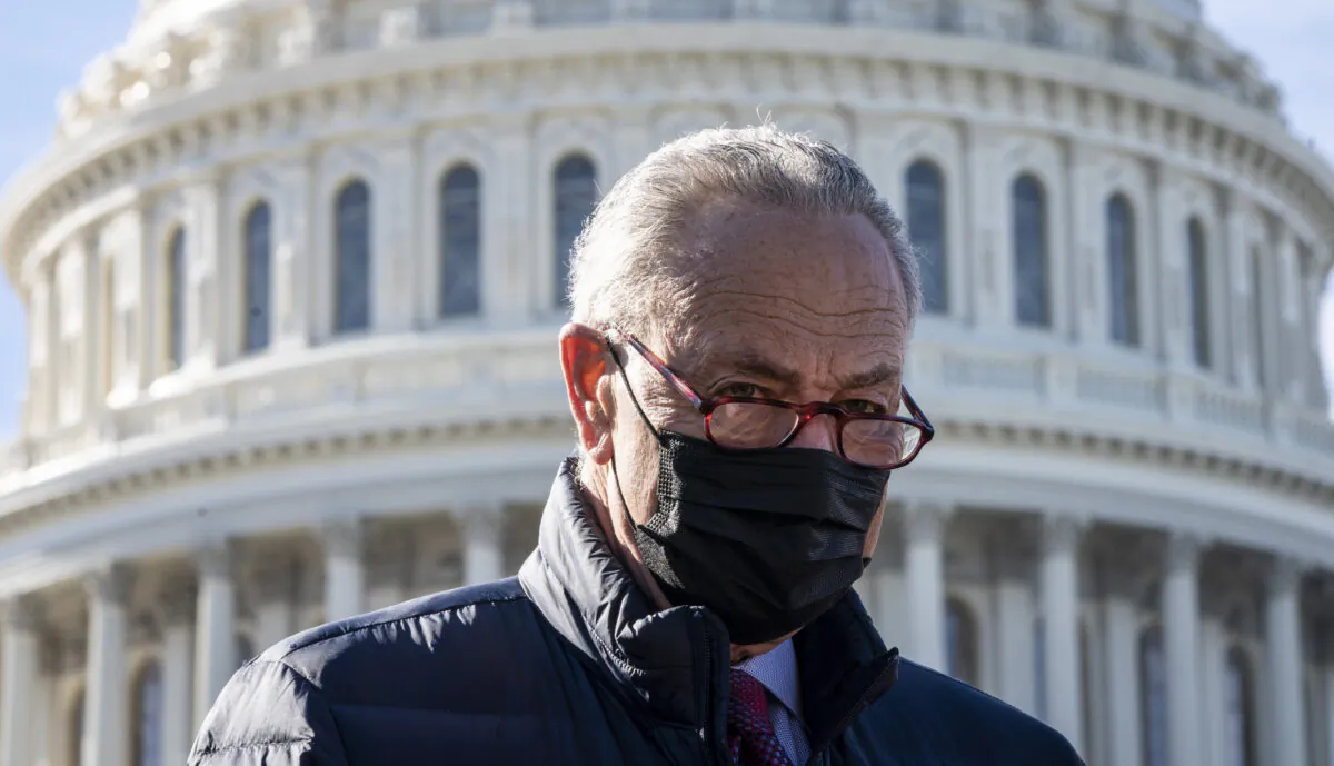 Senate Majority Leader Chuck Schumer (D-N.Y.) speaks to reporters in Washington on Feb. 4, 2021. (Drew Angerer/Getty Images)