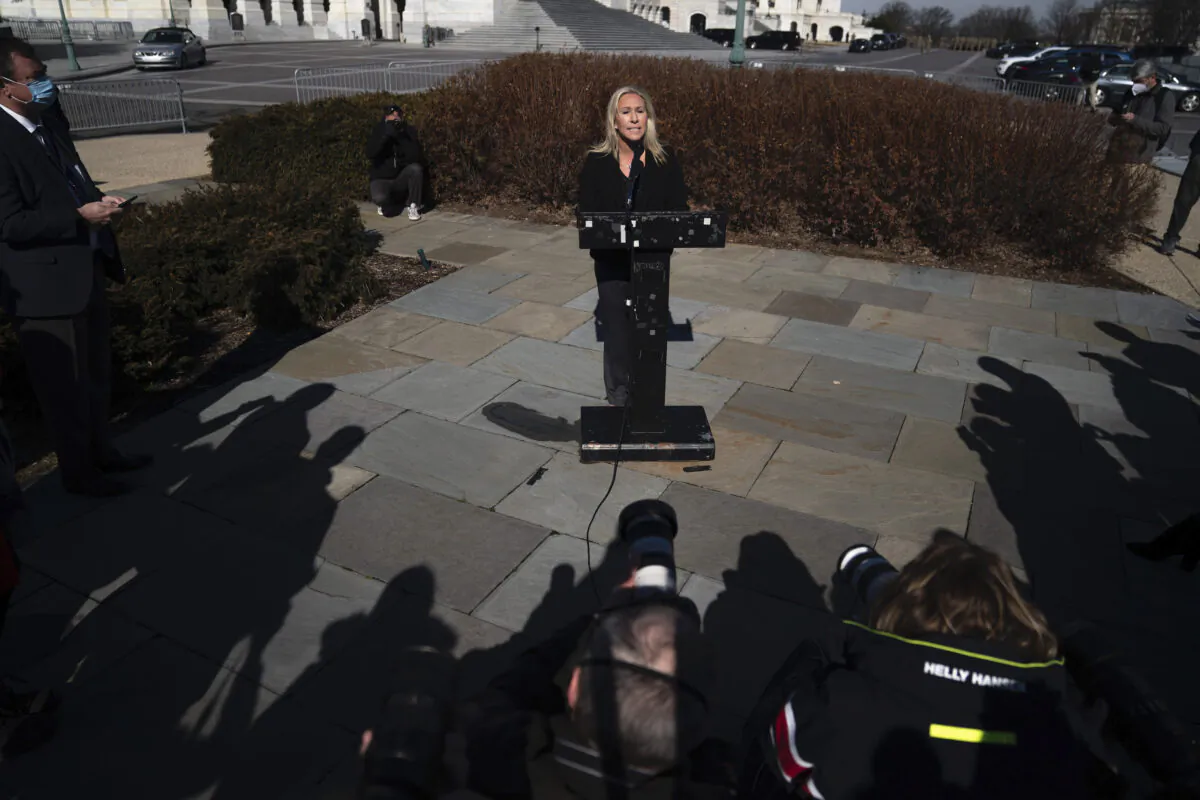 Rep. Marjorie Taylor Greene (R-Ga.) speaks during a press conference outside the U.S. Capitol in Washington on Feb. 5, 2021. (Drew Angerer/Getty Images)